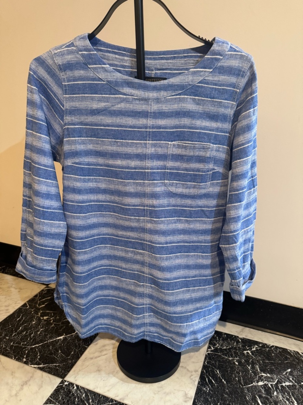 Paul Costelloe Linen Blend Coastal Euro Boho Stripe Top Relaxed Fit Blue White